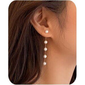 Women Elegant Long Boho Gold Pearl Drop Dangle Earring Tiny Pearl Chain Jewelry